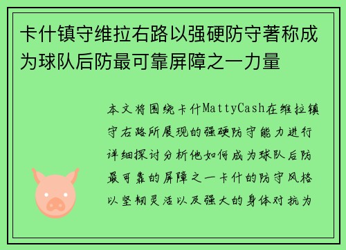 卡什镇守维拉右路以强硬防守著称成为球队后防最可靠屏障之一力量 卡什镇守维拉右路以强硬防守著称成为球队后防最可靠屏障之一力量
