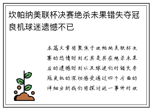坎帕纳美联杯决赛绝杀未果错失夺冠良机球迷遗憾不已